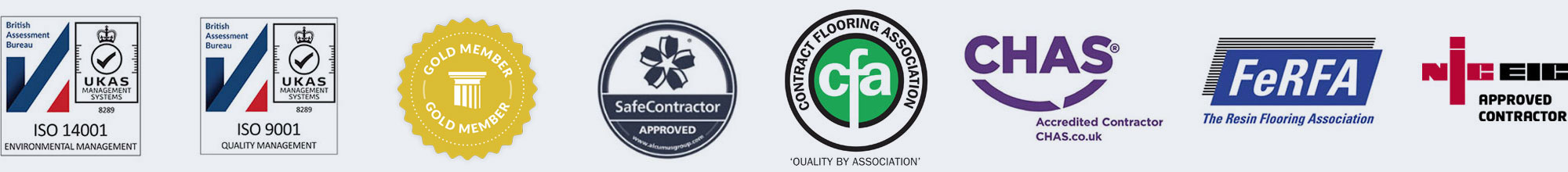 ISO 14001, ISO 9001, Constructionline Gold Member, SafeContractor Approved, CFA, CHAS Accredited Contractor, FeRFA, NICEIC Approved Contractor